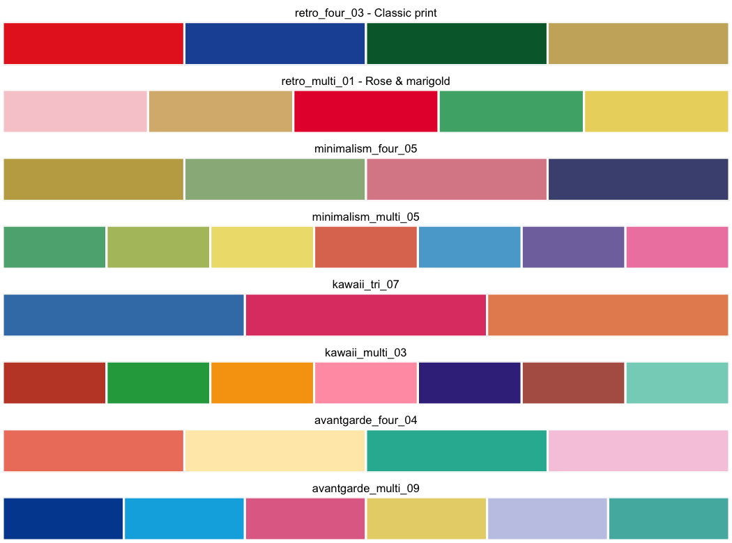 Two example palettes from each of the four collections, shown as rows of colour swatches.
