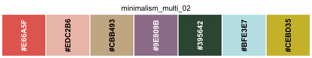 The seven swatches of minimalism_multi_02, each labelled with its hex value.